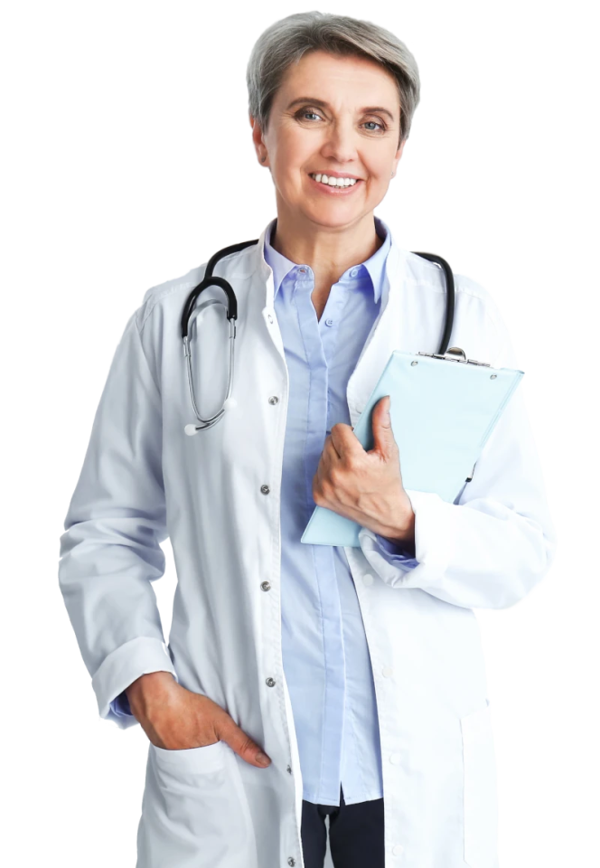 Senior, caucasian, female doctor smiling while holding a clipboard