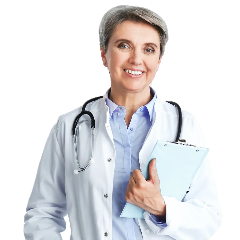 Senior, caucasian, female doctor smiling while holding a clipboard